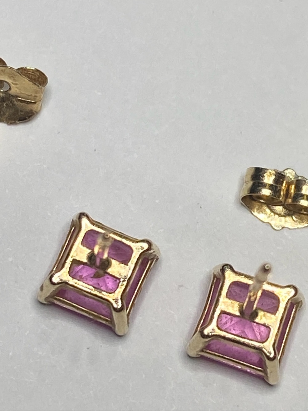 14K Yellow Gold Pink Sapphire Square Stud Post Earrings - Picture 6 of 8